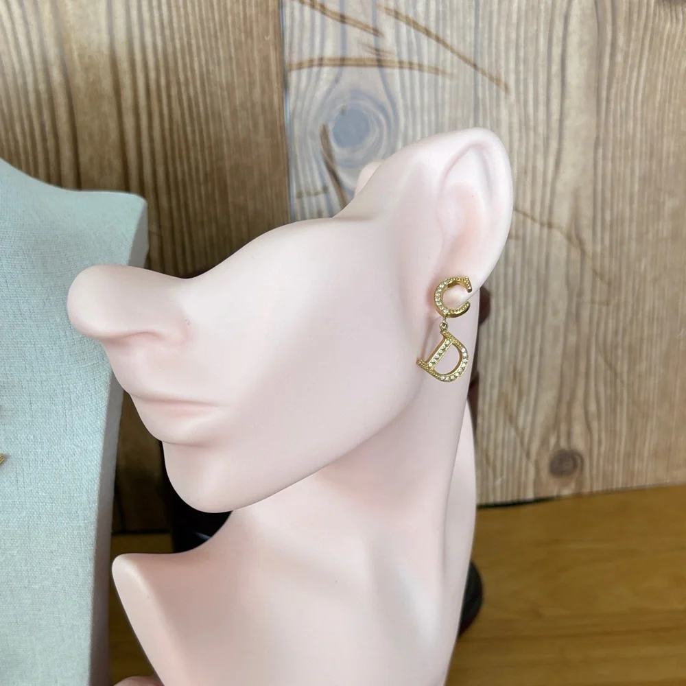 Christian Dior CD Logo Rhinestone Earrings Gold Tone - Picture 8 of 10